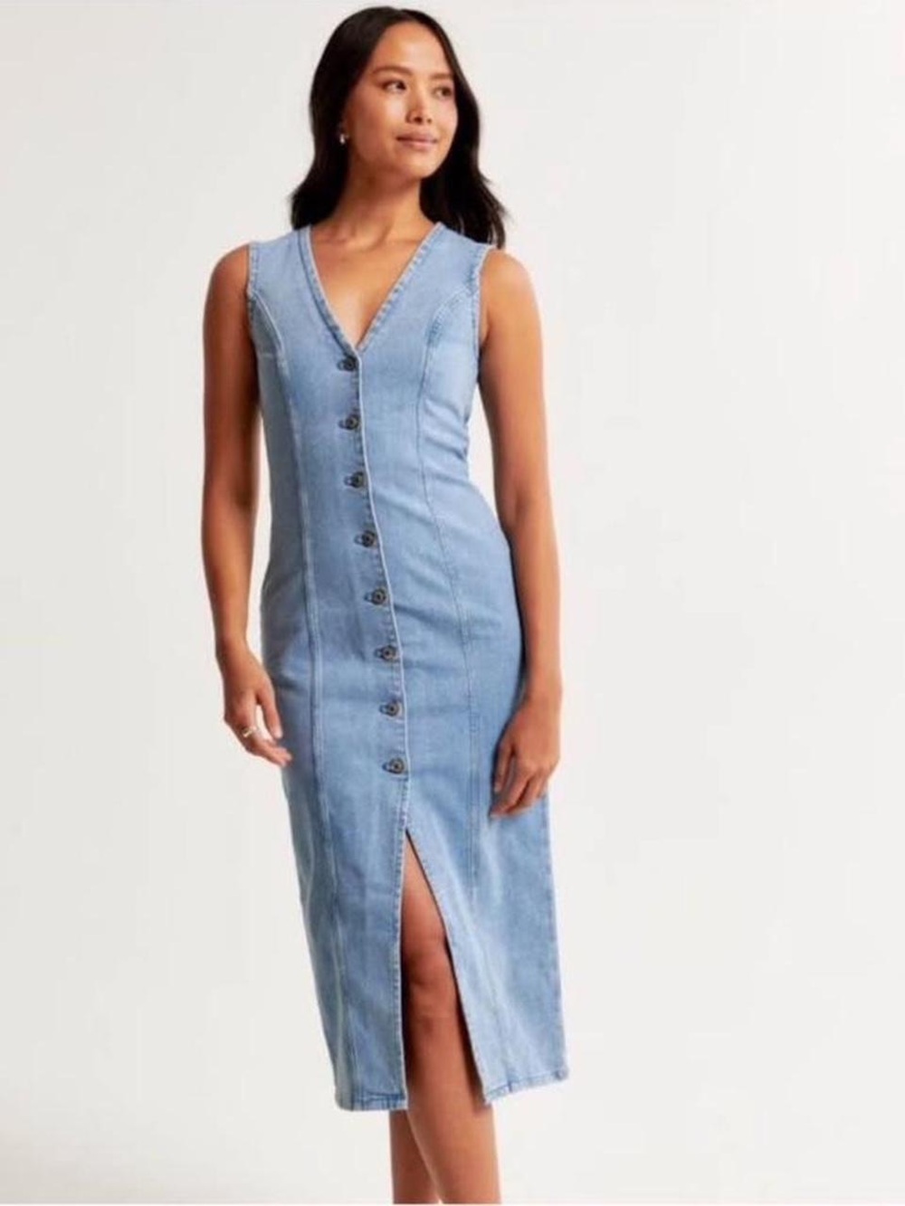 Abercrombie & Fitch Light Blue Sleeveless Button-Front Denim Midi Dress
